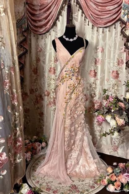 Retro V Neck Pink Tulle Appliques Mermaid Long Wedding Guest Dress Evening Dress D1833