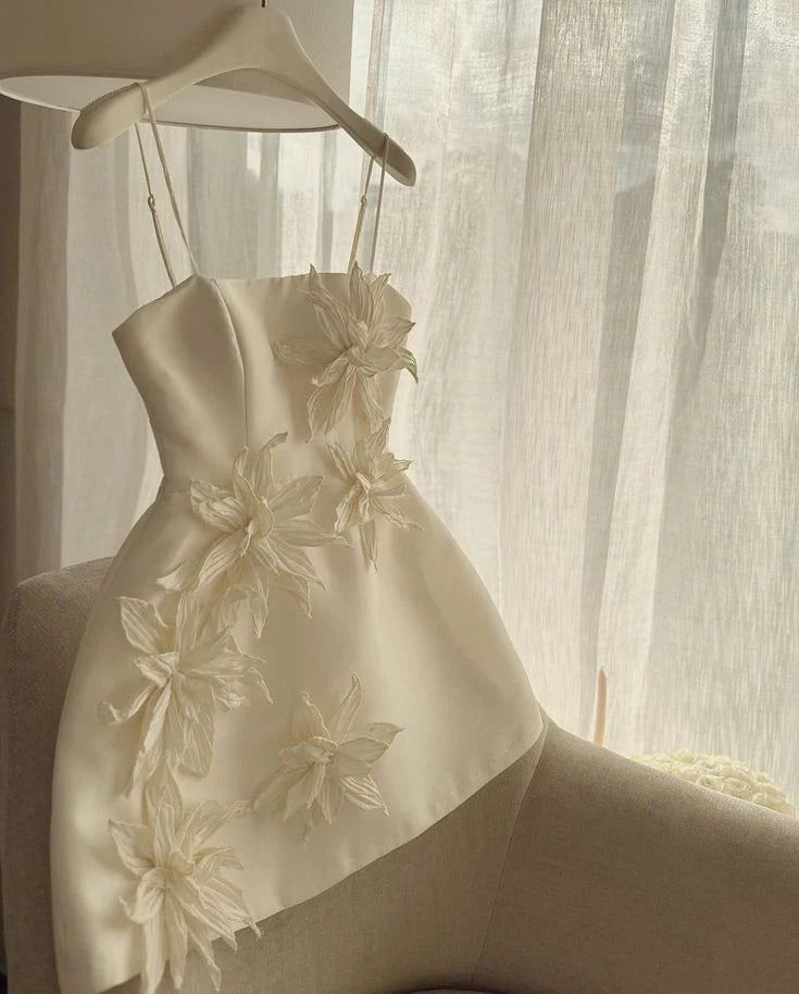 Cute Spaghetti Straps Ivory Satin Formal Birthday Outfits Short Prom Dress Homecoming Dress D265