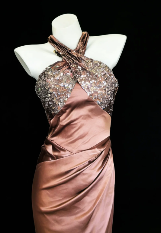 Fashion Halter Satin Sequin Mermaid Long Party Dress Backless Evening Dress D2163
