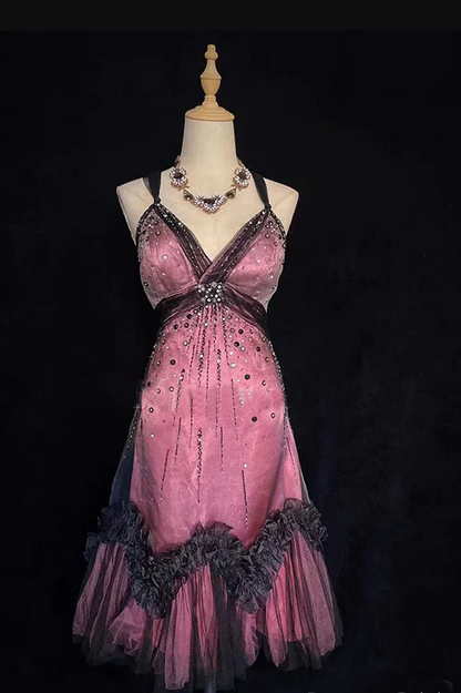 Vintage V Neck A Line Tulle Beaded Homecoming Dress Short Cocktail Dress Birthday Dress Y9942