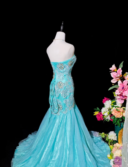 Charming Strapless Blue Tulle Appliques Beaded Mermaid Party Dress Long Birthday Evening Gown