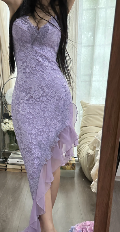 Pretty Spaghetti Straps Lavender V Neck Lace Chiffon Ruffles Long Party Dress Birthday Dress D2305