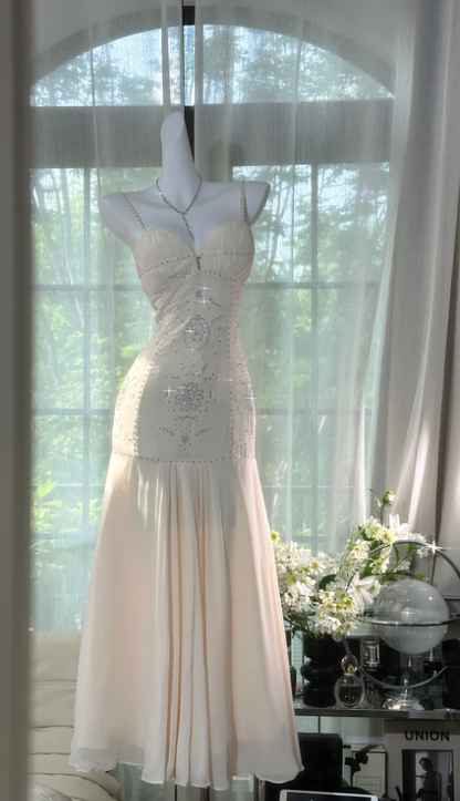 Classy Spaghetti Straps Ivory Chiffon Sequin Beaded Mermaid Party Dress Evening Gown