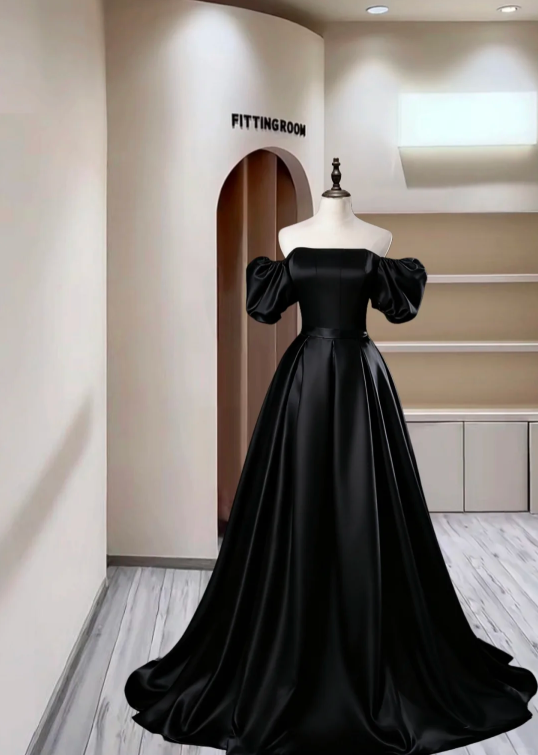 Fashion Black Ball Gown Off The Shoulder Satin Long Party Dress Evening Gown