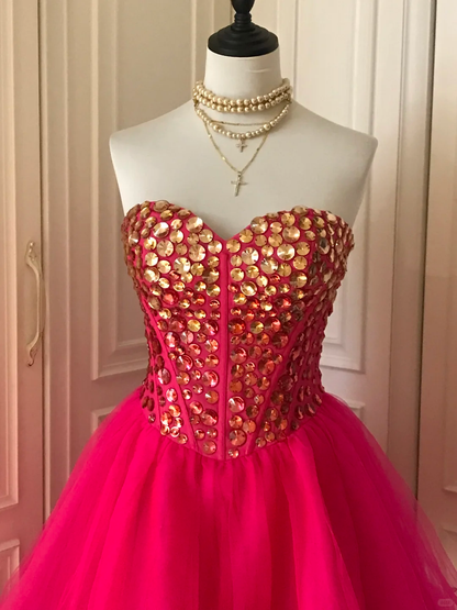 Gorgeous Strapless Red Tulle Beaded Formal Birthday Outfits Homecoming Dress S543
