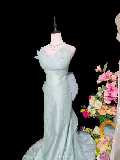 Charming Strapless Blue Tulle Mermaid Long Party Dress Birthday Prom Gown