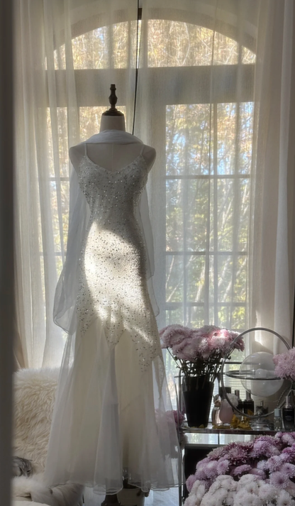 Shiny Spaghetti Straps White Chiffon Sequin Beaded Mermaid Long Wedding Guest Dress Party Dress D2106