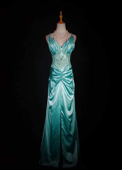 Classy V Neck Green Satin Beaded Mermaid Evening Dress Long Birthday Party Dress D2287