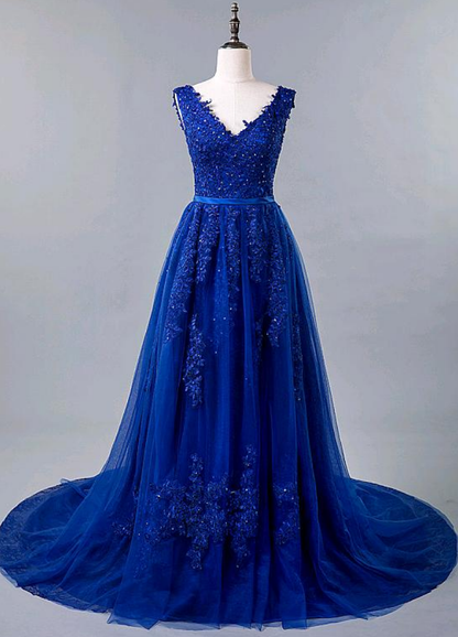 Romantic Tulle & Lace V-neck Neckline A-line Prom Dress With Beaded Lace Appliques & Belt  Y938