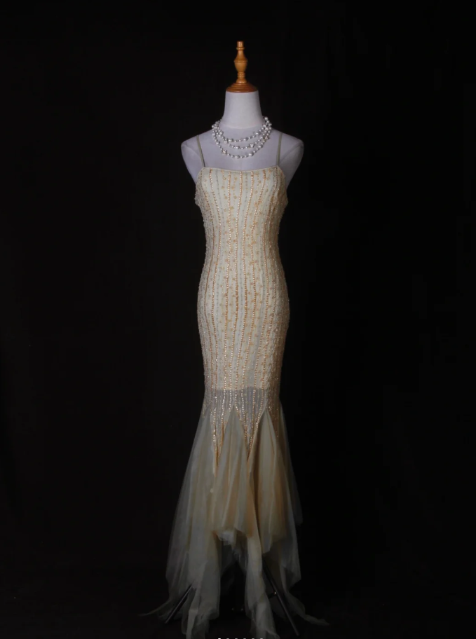 Classy Yellow Spaghetti Straps Chiffon Beaded Mermaid Long Party Dress Formal Birthday Evening Dress D2276