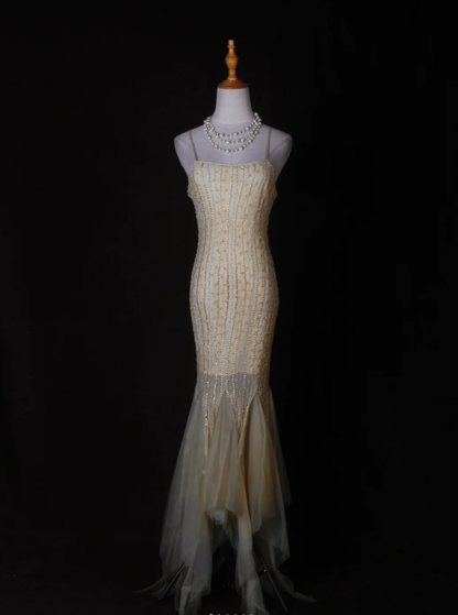 Classy Yellow Spaghetti Straps Chiffon Beaded Mermaid Long Party Dress Formal Birthday Evening Dress D2276