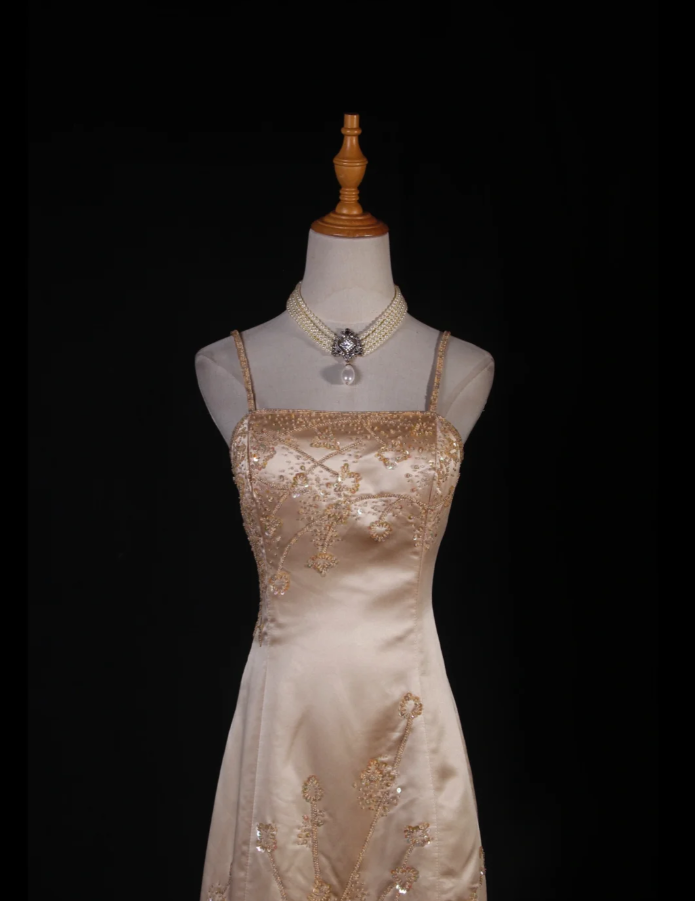 Fashion Spaghetti Straps Yellow Satin Beaded Mermaid  Long Party Dress Evening Dress D2249