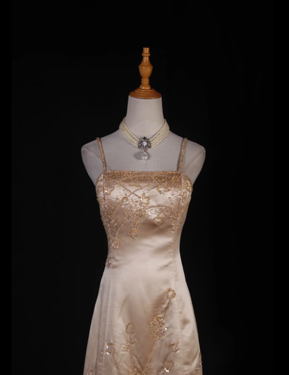 Fashion Spaghetti Straps Yellow Satin Beaded Mermaid  Long Party Dress Evening Dress D2249