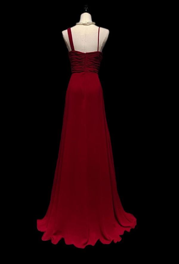 Retro Burgundy Chiffon Mermaid Party Dress Long prom Dress With Rose Flowers SP510