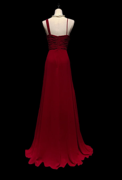 Retro Burgundy Chiffon Mermaid Party Dress Long prom Dress With Rose Flowers SP510