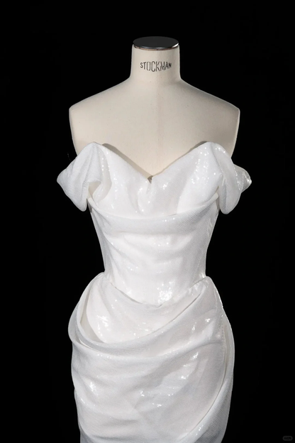 Elegant Off The Shoulder Sequin Sheath Birthday Outfits White Homecoming Dress  S356