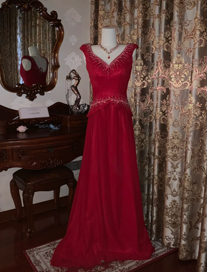 Glitter V Neck Sleeveless Satin Tulle Beaded Mermaid Long Evening Dress Party Gown