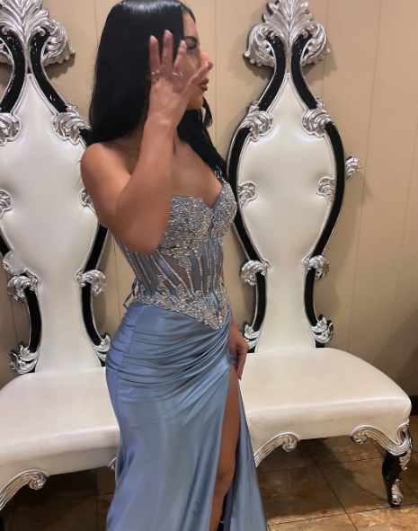Elegant Blue Strapless Satin Beaded Slit Mermaid Long Wedding Guest Dress Formal Party Dress SP1352