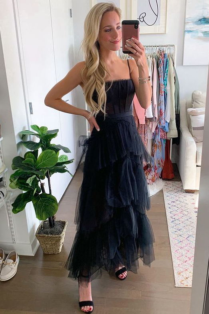 Elegant A-line Layered Tulle Black Prom Dress,Sheer Corset Long Evening Dress,Graduation Dress Y1765