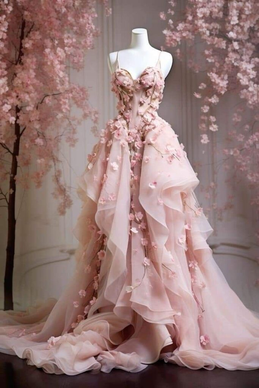 Sweet Pink Chiffon Tulle Appliques Prom Dress,Spaghetti Straps Long Evening Dress Y8327