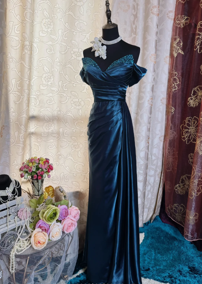Gorgeous Navy Blue Off The Shoulder Satin Beaded Mermaid Long Evening Dress Formal Birthday Prom Dress SP1886