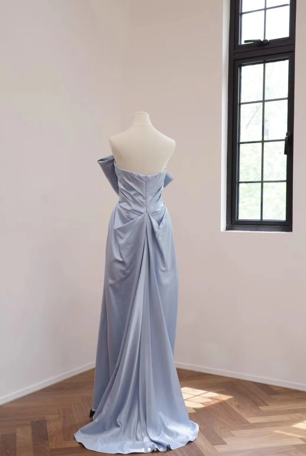 Elegant Bow Strapless Blue Satin Mermaid Long Birthday Party Dress Formal Wedding Guest Dress D2177