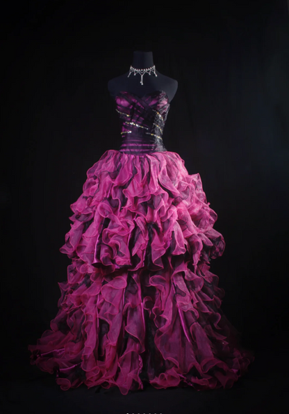 Chic Strapless Hot Pink Ruffle Multi-Layered Princess Party Dress Two-way Prom Dress D2236