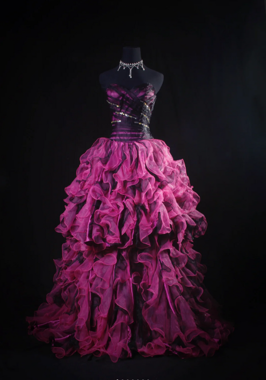 Chic Strapless Hot Pink Ruffle Multi-Layered Princess Party Dress Two-way Prom Dress D2236