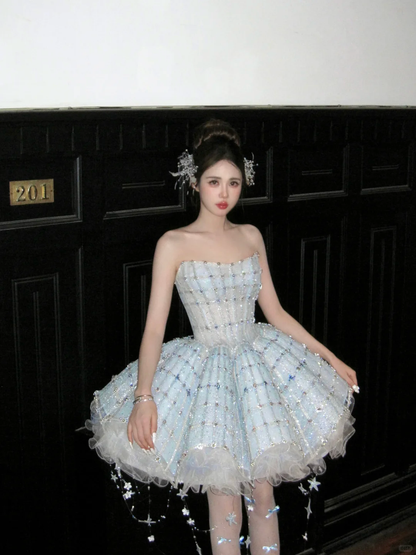 Glitter Blue Strapless Tulle Sequin Beaded A Line Short Homecoming Dress 18th Princess Birthday Outfits D051