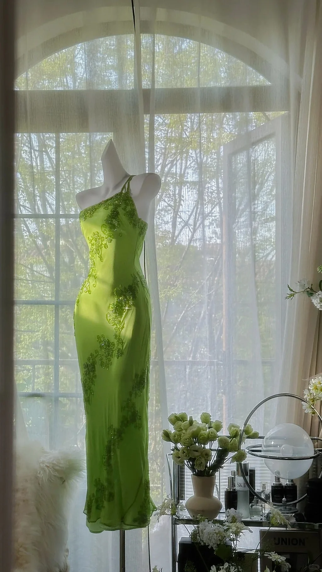 Fashion Green One Shoulder Chiffon Beaded Long Evening Dress Birthday Party Dress Y9793