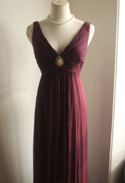Retro Dark Purple V Neck Chiffon Long Prom Dress Evening Gown