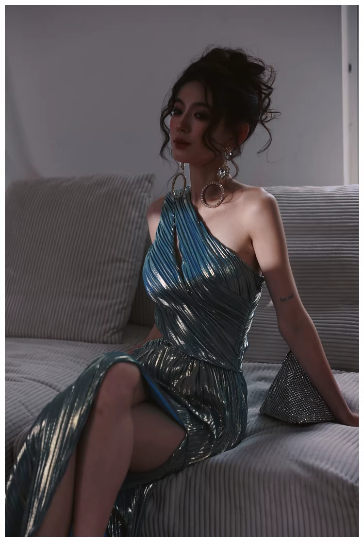 Sexy One Shoulder Satin Pleated Slit Long Wedding Guest Dress Blue Birthday Prom Dress Evening Gown