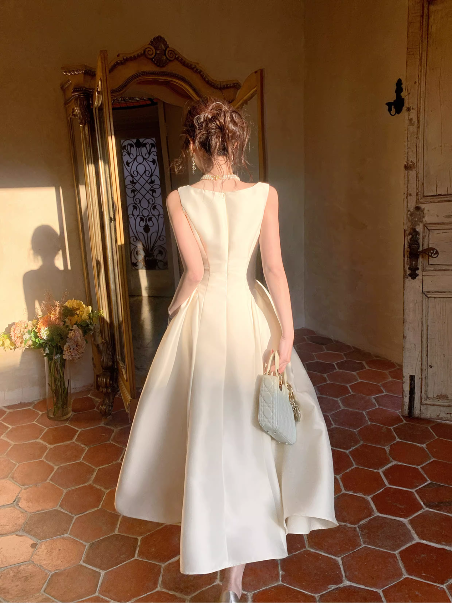Elegant White Sleeveless Satin A Line Long Wedding Guest Dress Formal Birthday Evening Dress SP1641