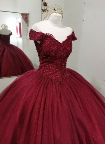 Burgundy Off the Shoulder Quinceanera Dresses Ball Gown Lace Prom Sweet 16 Dress c2768