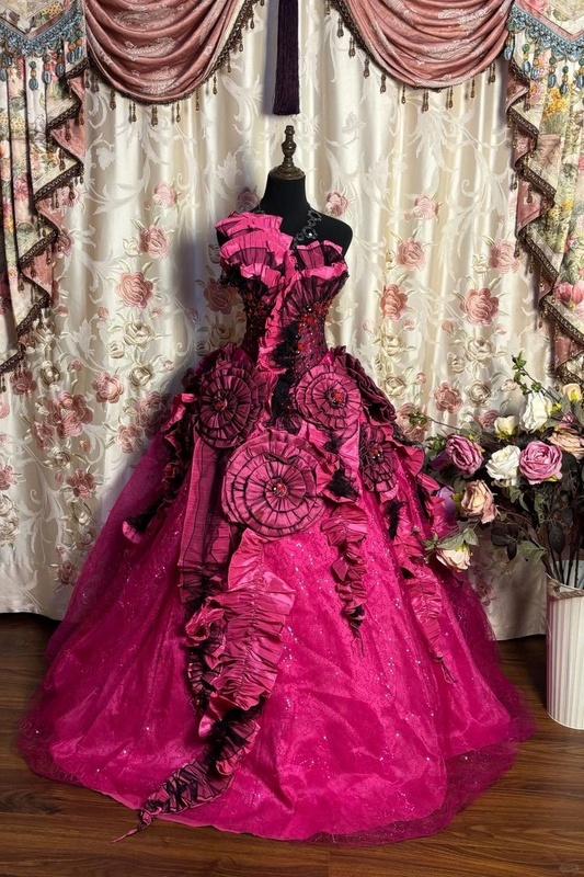 Gorgeous Ball Gown Hot Pink Tulle Sequin Beaded Long Prom Dress Party Dress