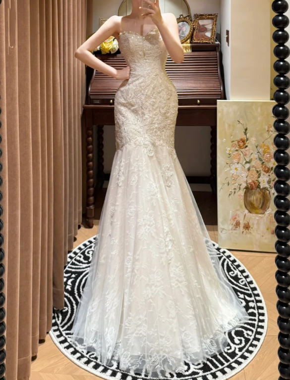 Pretty Strapless White Lace Sequin Beaded Mermaid Long Evening Dress Formal Birthday Birthday Prom Dress Party Gown