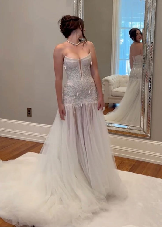 Dreamy Wedding Dress Mermaid Strapless White Tulle Long Wedding Dresses Bridal Gowns W0117