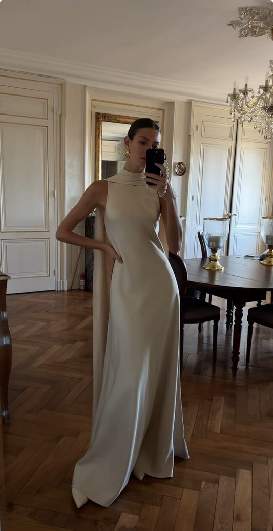 Elegant A line Scoop Champagne Long Prom Dresses Formal Summer Wedding Guest Dresses Wedding Guest Outfit W0236
