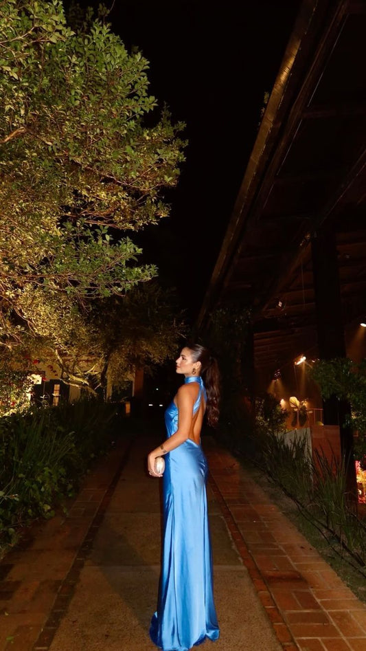 Classy Sheath High Neck Satin Blue Long Prom Dresses Backless  Formal Summer Wedding Guest Dresses Wedding Guest Outfit W0262