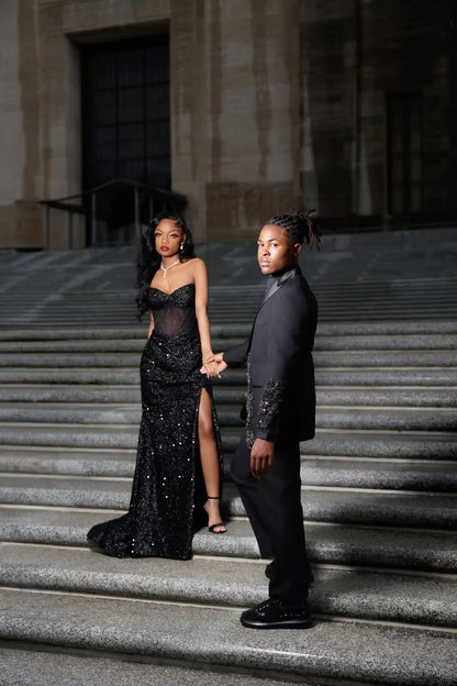 Classy Mermaid Sweetheart Black Sequin Beads Long Prom Dresses Slit Party Dress Black Girl Outfits Graduation Dresses W0391