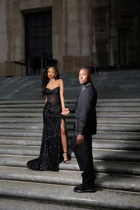 Classy Mermaid Sweetheart Black Sequin Beads Long Prom Dresses Slit Party Dress Black Girl Outfits Graduation Dresses W0391