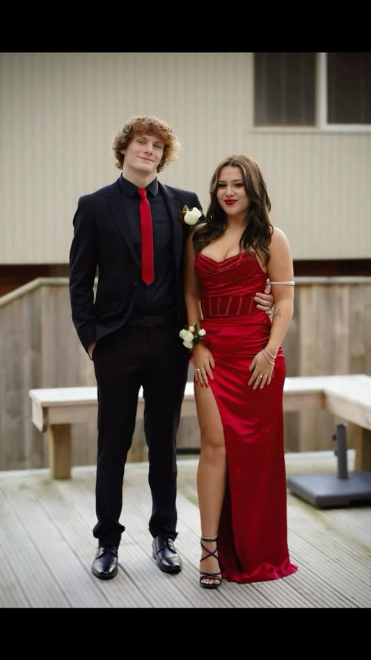 Classy Mermaid Sweetheart Red Satin High Split Cut Slit Long Prom Dresses Party Dress Birthday Outfits Graduation Dresses W0401