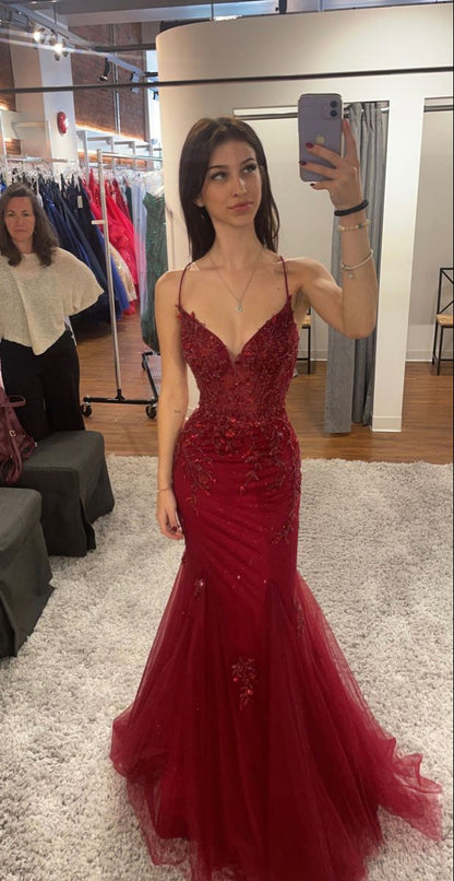 Classy Mermaid Straps Red Tulle Backless Long Prom Dresses Party Dress Birthday Outfits Graduation Dresses W0513