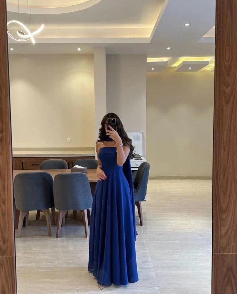 Classy A line Strapless Royal Blue Chiffon Long Prom Gown Summer Wedding Guest Dress Bridal Guest Dresses Wedding Outfits For Guest W0653
