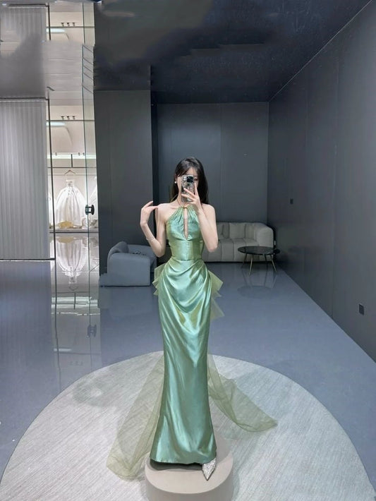 Classy Mermaid Green Satin Long Prom Gown Summer Wedding Guest Dress Bridal Guest Dresses Wedding Outfits For Guest W0694