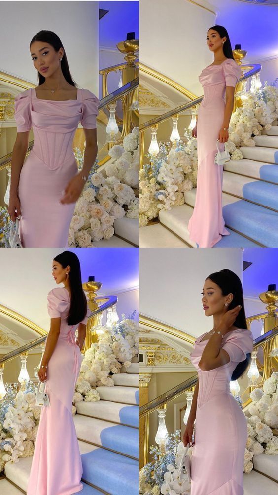 Classy Sheath Square Neck Ruffles Satin Long Prom Gown Summer Wedding Guest Dress Bridal Guest Dresses Wedding Outfits For Guest W0695