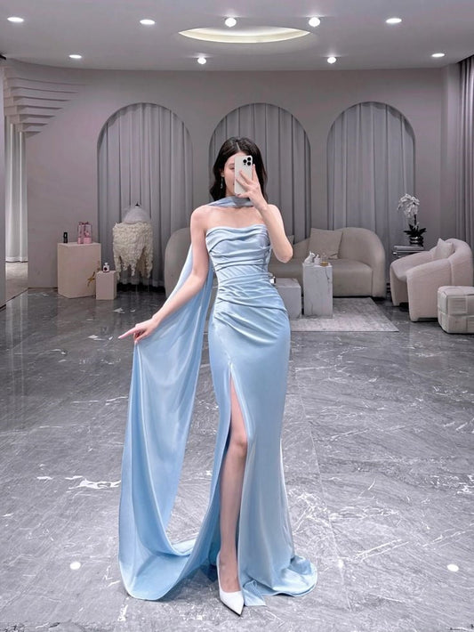 Classy Sheath Strapless Light Sky Blue Slit Ruffles Long Prom Gown Summer Wedding Guest Dress Bridal Guest Dresses Wedding Outfits For Guest W0697
