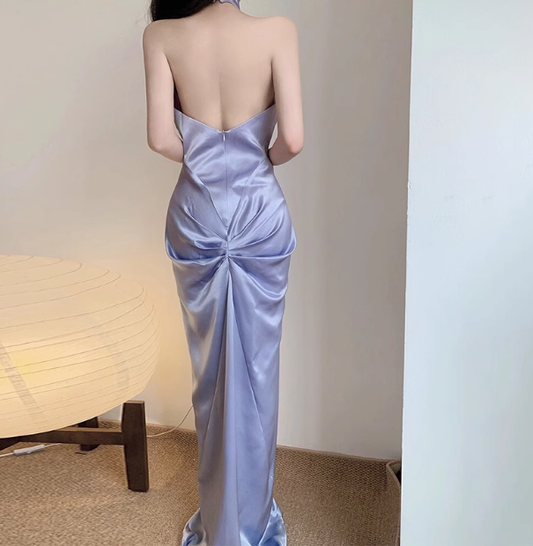 Classy Sheath High Neck Lilac Satin Long Prom Dresses Formal Gown Summer Wedding Guest Dresses Wedding Guest Outfit W0719