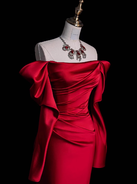 Classy Sheath Off The Shoulder Red Satin Long Prom Dresses Formal Gown Summer Wedding Guest Dresses Wedding Guest Outfit W0726