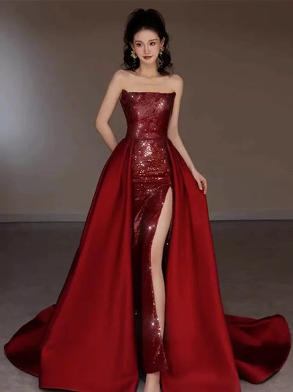 Classy Mermaid Strapless Burgundy Sequin Slit Long Prom Gown Summer Wedding Guest Dress Bridal Guest Dresses Wedding Outfits For Guest W0726